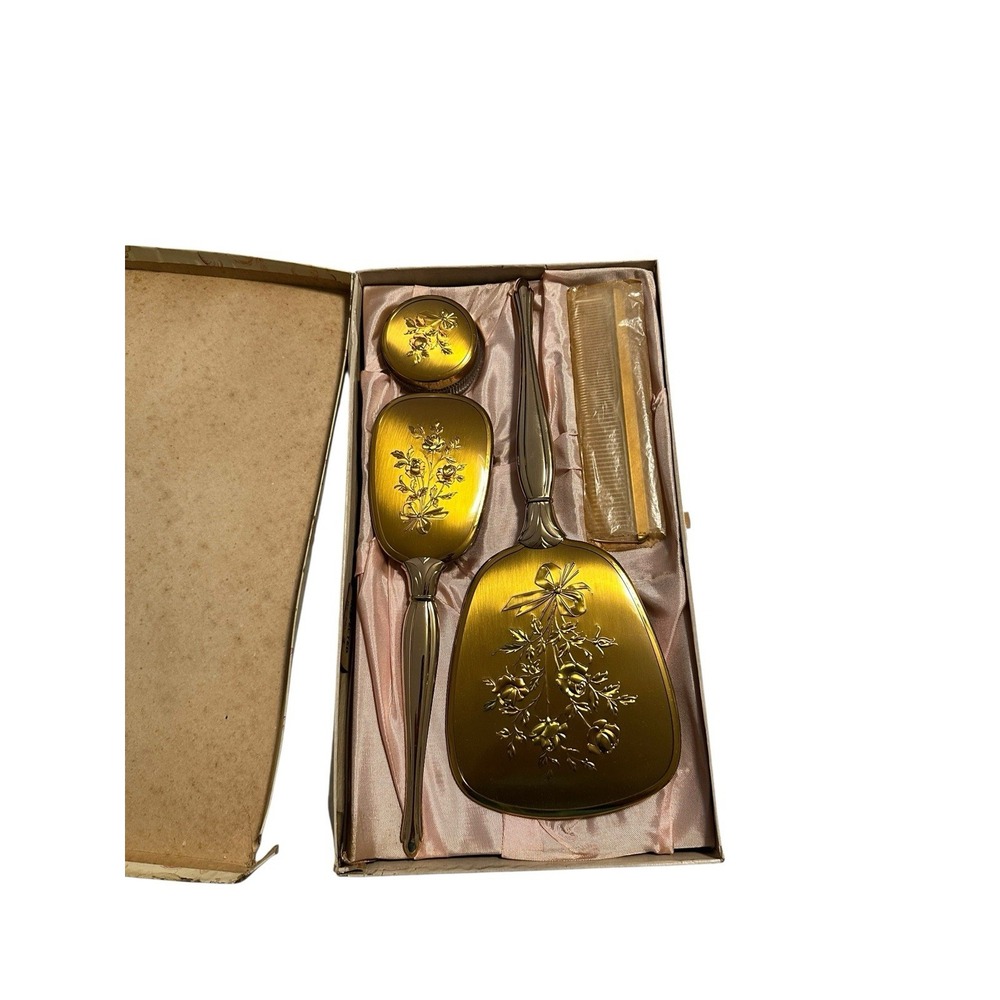 Vintage Gold Tone Hand Mirror & Brush Set Silver‎ Gold Embossed Flowers